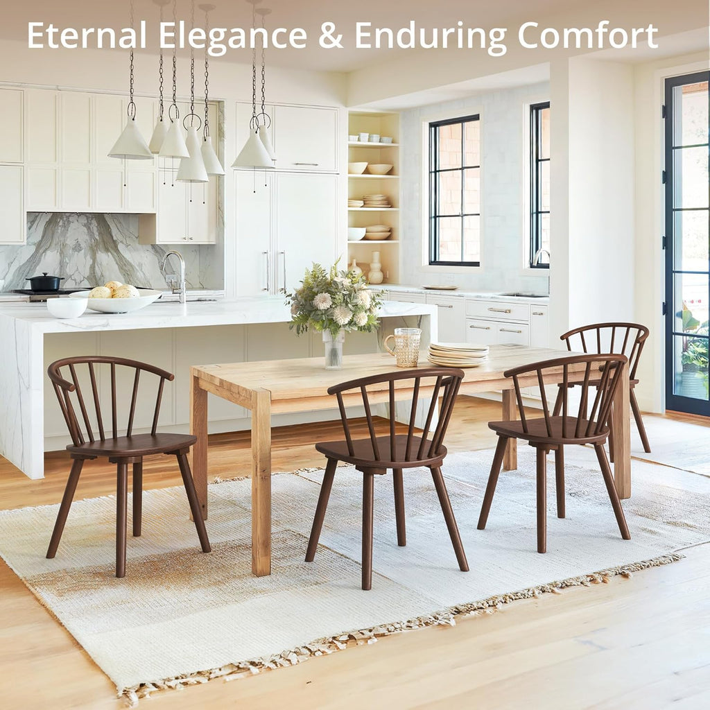 LUE BONA Walnut Dining Chairs Set of 4, Farmhouse Wood Dining Chairs with Semicircular Backrest, Spindle Dining Chair for Kitchen and Dining Room, 18 Inch