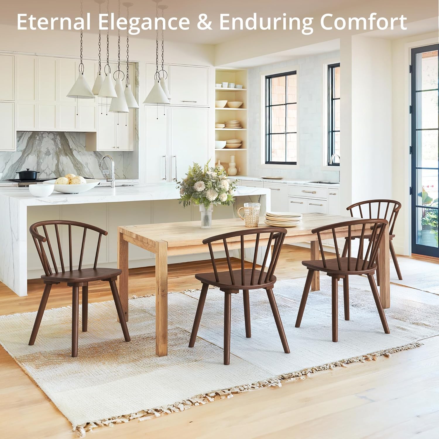 LUE BONA Walnut Dining Chairs Set of 4, Farmhouse Wood Dining Chairs with Semicircular Backrest, Spindle Dining Chair for Kitchen and Dining Room, 18 Inch