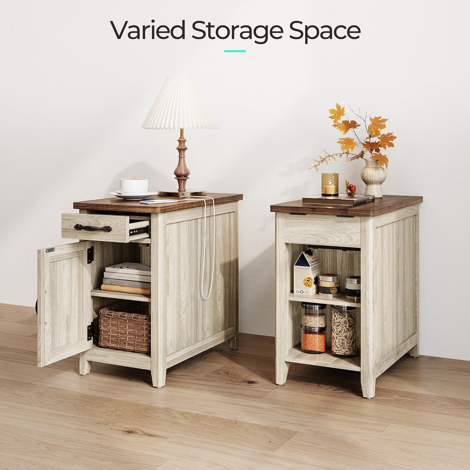 LINSY HOME End Table Set of 2 with Charging Station, Modern Farmhouse Sofa Couch Side Table, Wooden Bedside Table for Living Room Bedroom, Narrow Nightstand with Storage Cabinet for Small Space
