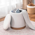 Joveco Round Storage Ottoman with Removable Lid, Boucle Small Upholstered Padded Vanity Foot Rest Stool for Living Room, Bedroom, Dorm, White with Oatmeal Wood Grain Trim