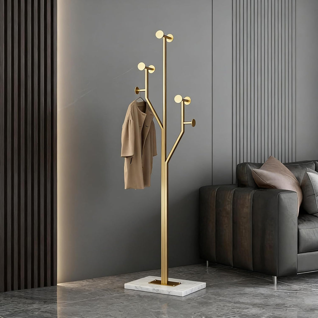 SYO Gold Metal Coat Rack (with Marble Base) — Entryway Standing Coat Stand, Heavy-Duty Vertical Design, Suitable for Entryways, Bedrooms, and Living Rooms
