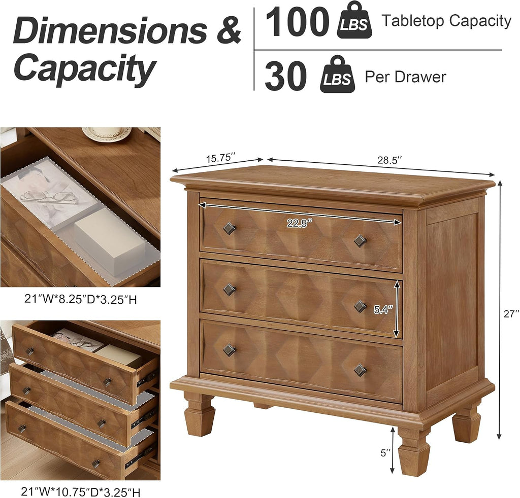 Traditional Geometric Textured Nightstand, 3 Drawer Solid Wood Bedside Table with Carved Front Panels, Rustic End Table for Bedroom Living Room, Apricot