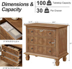 Traditional Geometric Textured Nightstand, 3 Drawer Solid Wood Bedside Table with Carved Front Panels, Rustic End Table for Bedroom Living Room, Apricot