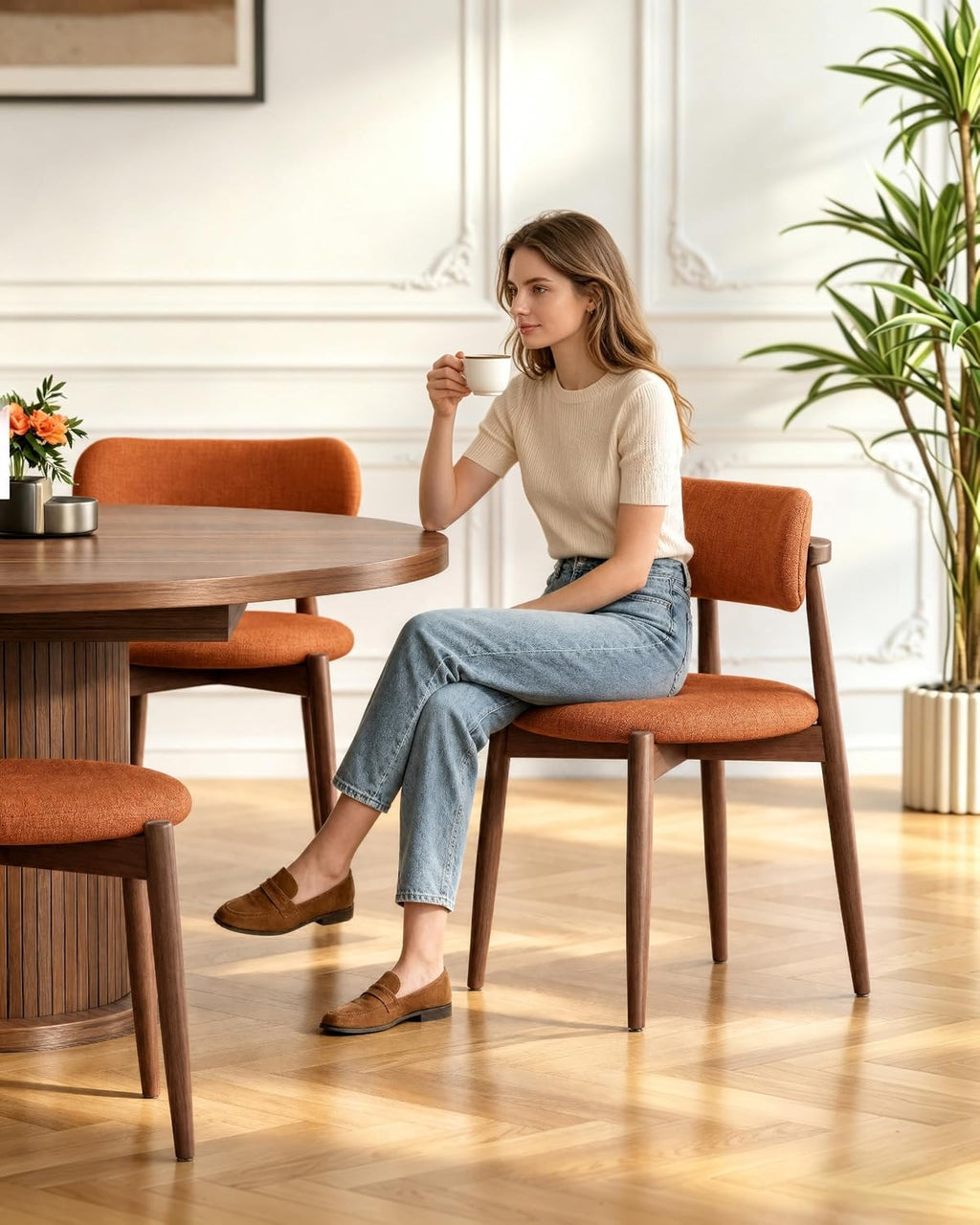 Wooden Dining Chairs Set of 4, Mid Century Modern Upholstered Kitchen Chairs with Solid Wood Legs, 350lb Heavy Duty Padded Side Chairs for Dining Room & Vanity, Orange