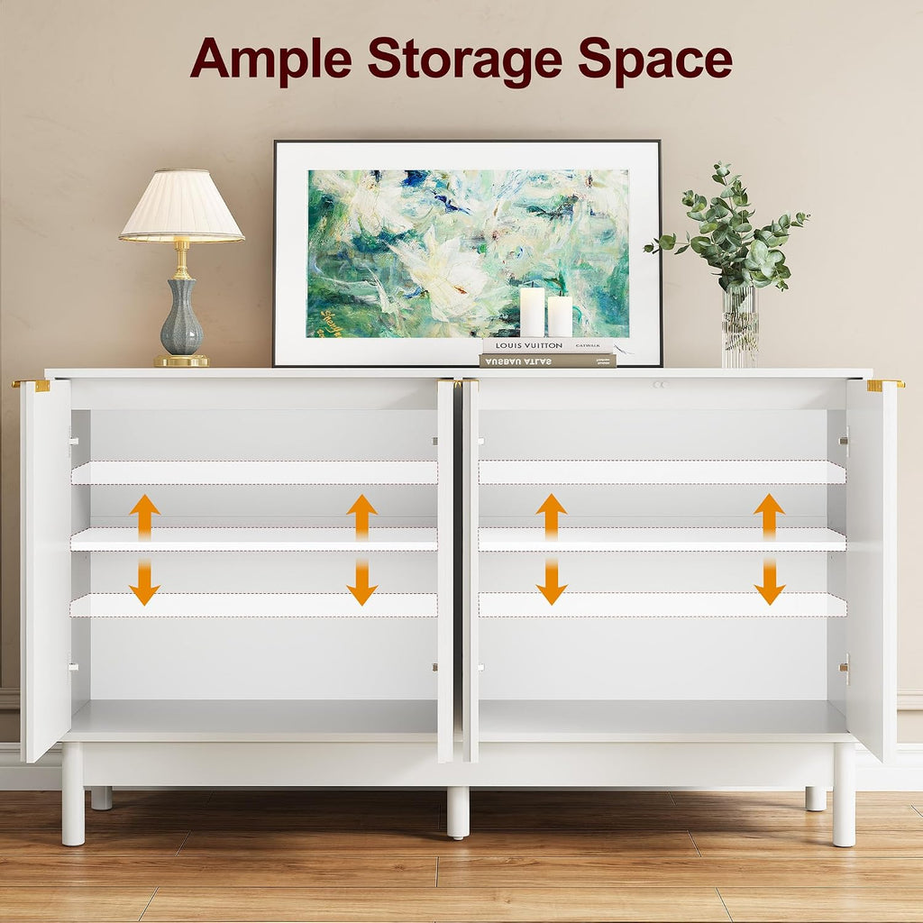 RoyalCraft White Buffet Cabinet with Storage, 55" Fluted Sideboard Buffet Cabinet with 100lbs Load Capacity, Modern Coffee Bar Cabinet with Solid Legs & Adjustable Shelves for Dining Room, Kitchen
