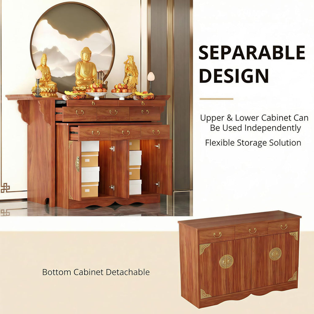 Multi-Tier Personal Shrine Altar Table with Drawer Storage, Large Wooden Buddhist Shrine Cabinet with Pull-Out Shelf, Detachable Meditation Table (Sandalwood, 84.6" L * 26.8" W * 42.5" H in)