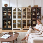 Joaxswe 72" Tall Bookshelf with 4 Curved Glass Doors, Farmhouse Bookcase with 3-Tier Adjustable Shelves, Modern Living Room Display Cabinet, Large Storage Cabinet for Home Office,Dining Room, Walnut
