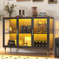 Glass Sideboard Buffet Cabinet with LED Lights, Metal & Wood Modern Storage Cabinet with 3 Glass Doors, Adjustable Shelves, Coffee Bar Cabinet for Kitchen, Entrance, Living Room, Dining Room, Black