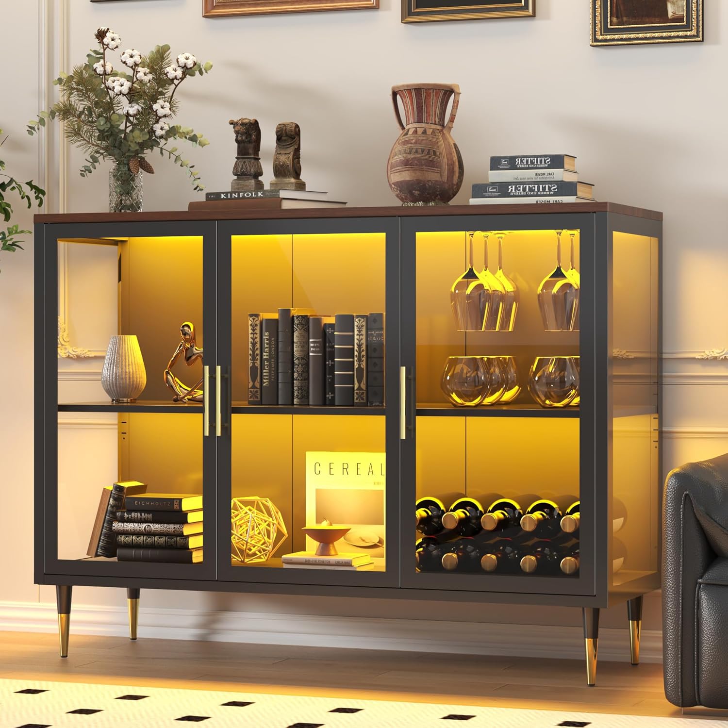 Glass Sideboard Buffet Cabinet with LED Lights, Metal & Wood Modern Storage Cabinet with 3 Glass Doors, Adjustable Shelves, Coffee Bar Cabinet for Kitchen, Entrance, Living Room, Dining Room, Black