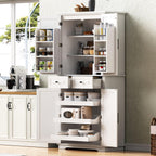 Merax 71" Tall Kitchen Pantry, Farmhouse Storage Cabinet with 6 Door Shelves, 2 Drawers and 3 Adjustable Shelves, Freestanding Rustic Wood Cupboard for Kitchen, Dining Room, White