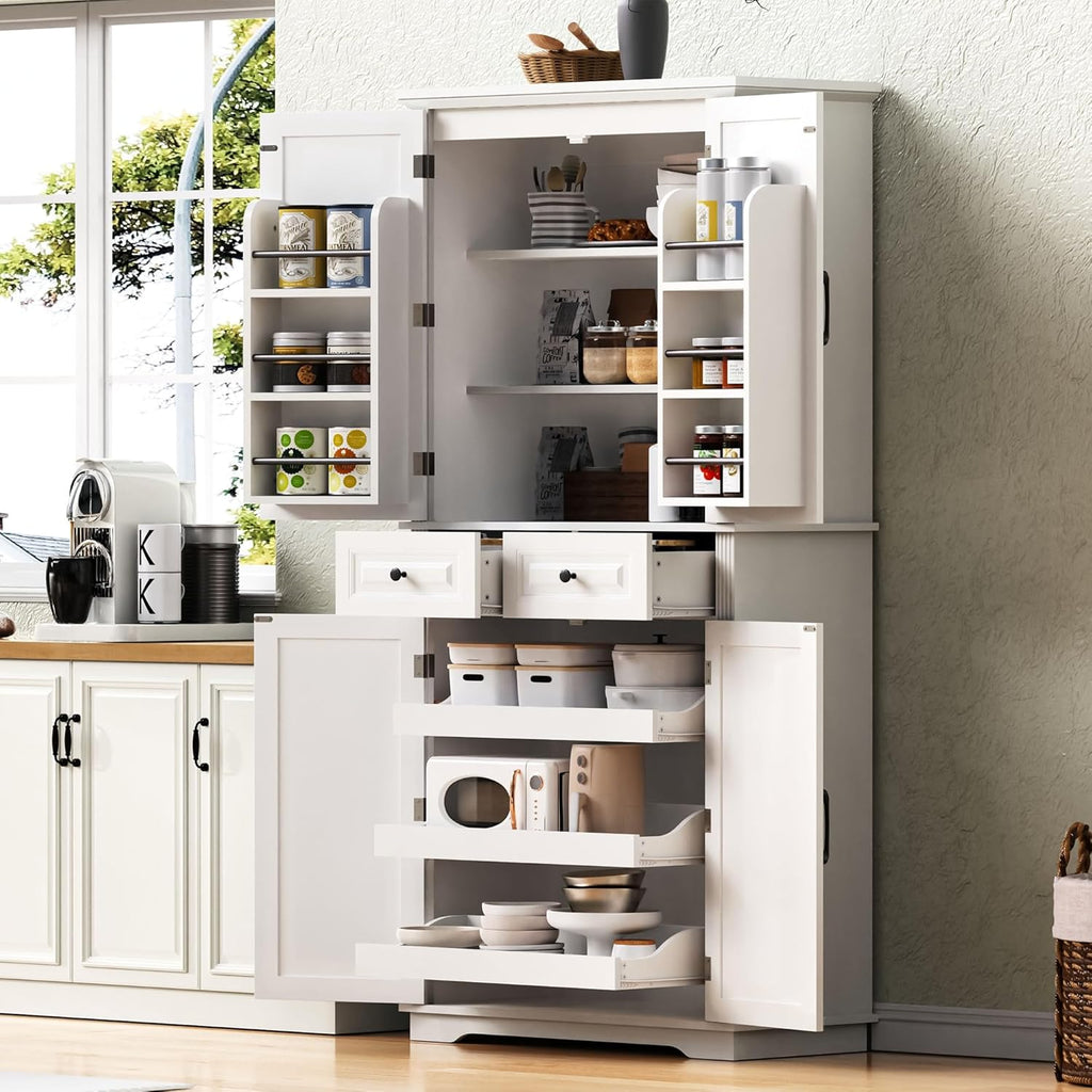 71" Tall Kitchen Pantry Cabinet with 3 Pull Out Cabinet Organizers, Farmhouse Pantry Storage with 6 Door Shelves, 2 Drawers, Freestanding Cupboard for Kitchen, Dining Room White