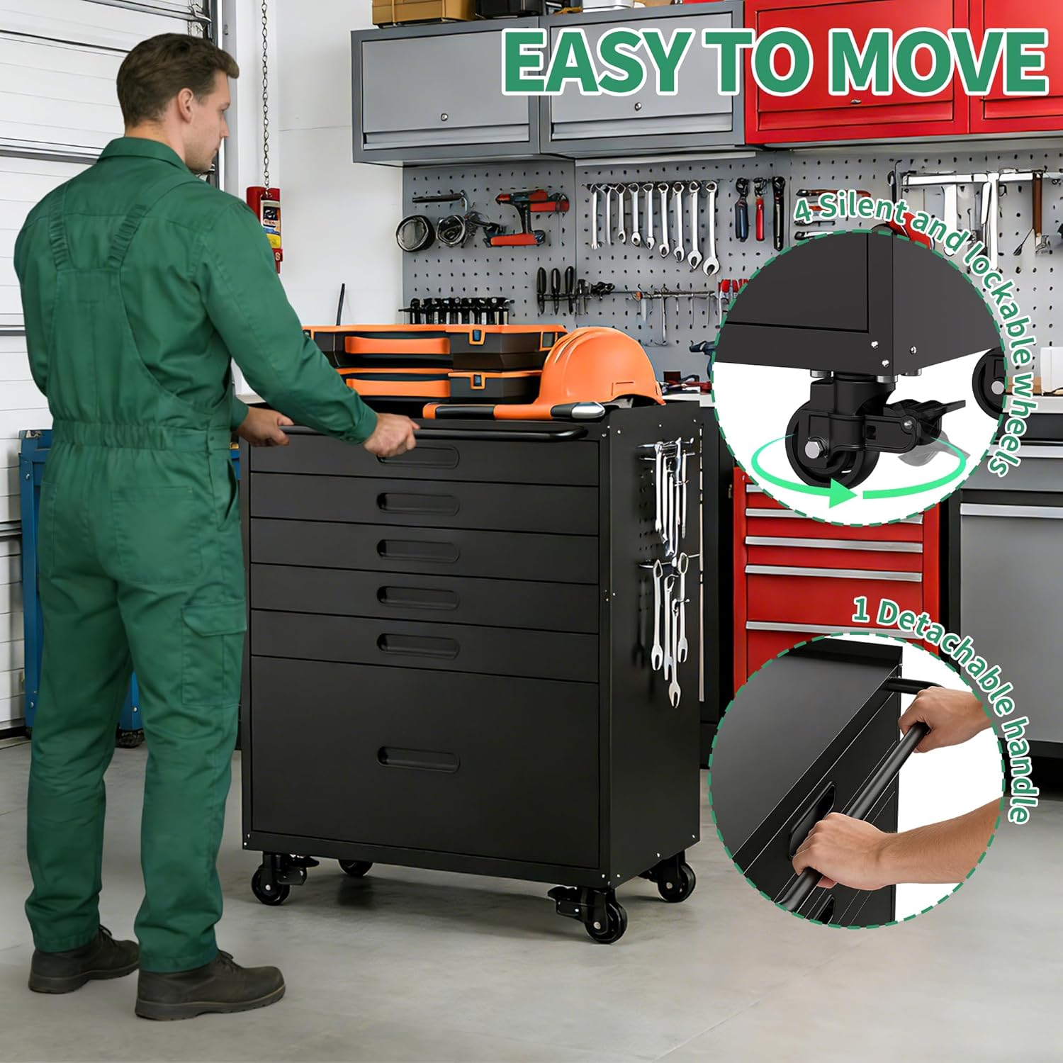 Garage Storage Cabinet,6 Drawer Metal Rolling Tool Cabinet with 2 Pegboard and 10 Hook,Heavy Duty Mechanics Tool Chest Storage for Workshop, Basement,Warehouse,Include Workbench Liner,Black