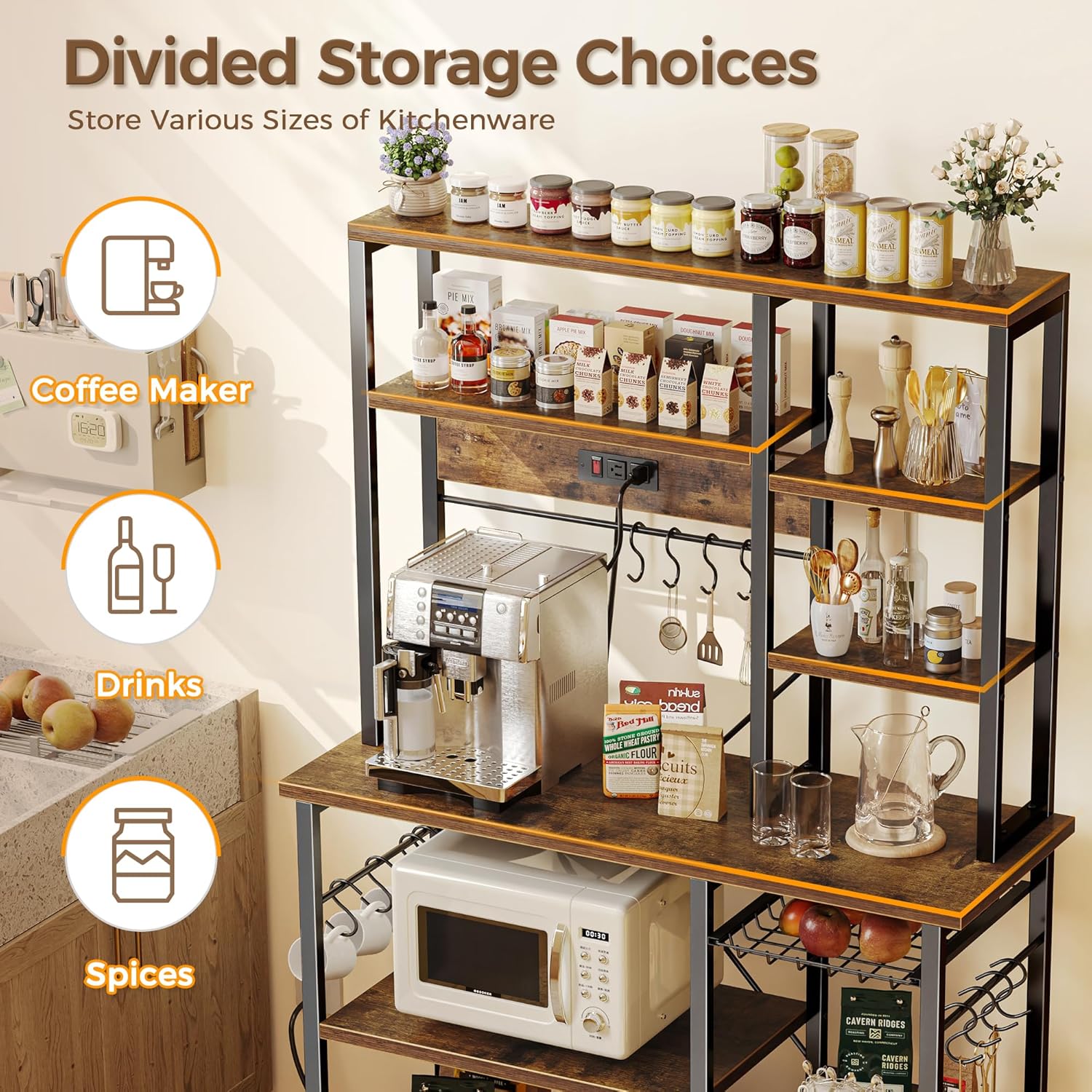 SUPERJARE Large Bakers Rack with Power Outlets, 6-Tier Microwave Stand, Coffee Bar with 12 S-Shaped Hooks, Kitchen Shelf with Wire Basket, 39.4 x 14.6 x 66.9 Inches, Rustic Brown