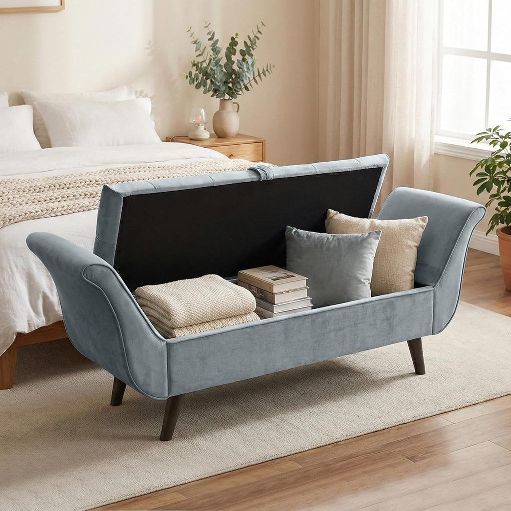 65" Velvet Storage Bench, 65" Vintage Upholstered Rolled Armed Button Tufted Stool Bench for Bedroom, Living Room, Entryway, Hallway, Dressing Room (Light Grey)