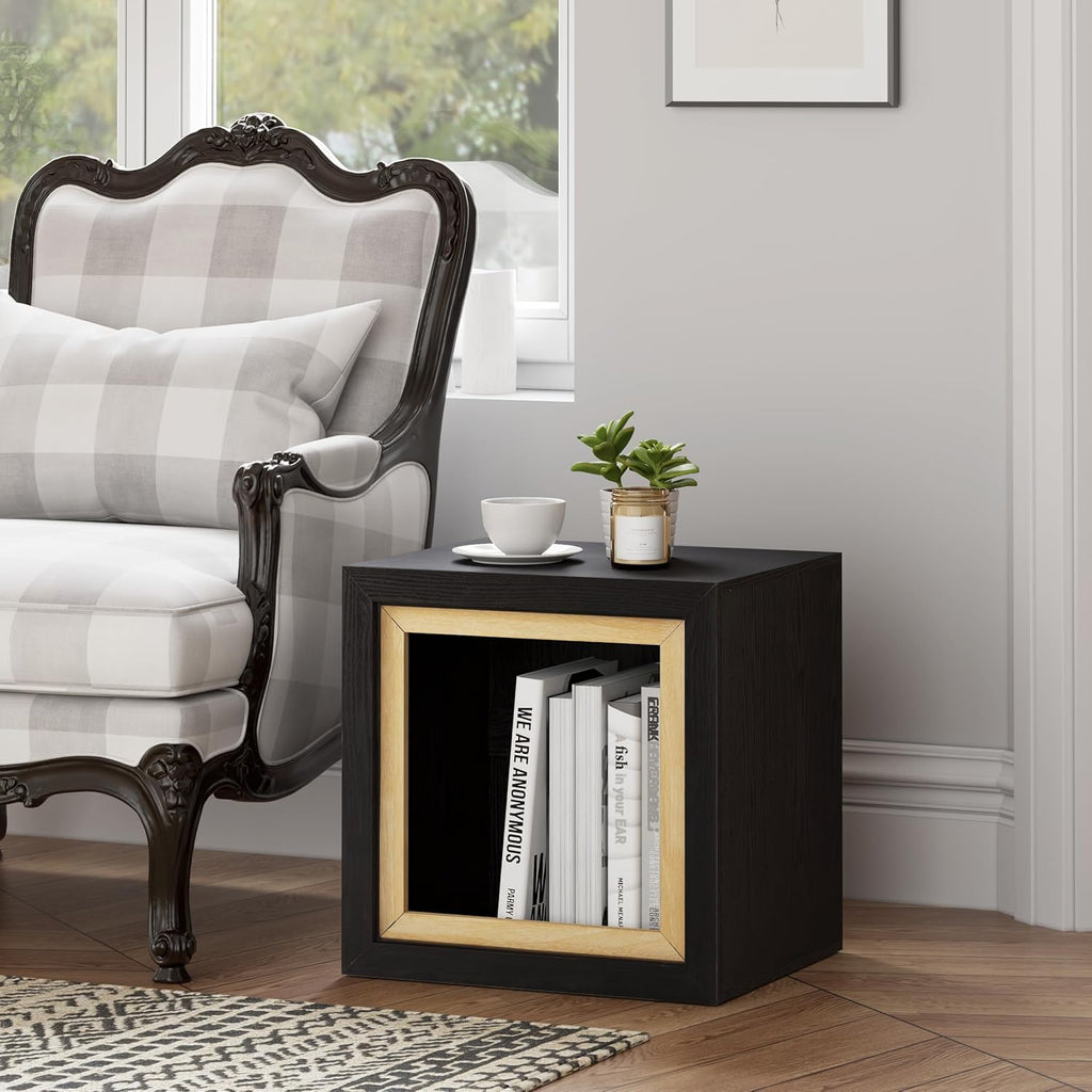 Aoikax Modern Cube End Table with Open Center Shelf, Geometric Wood Side Table with Hollow Storage, Minimalist Nightstand with Rectangular Shape for Living Room, Entryway, Office, Small Spaces, Black
