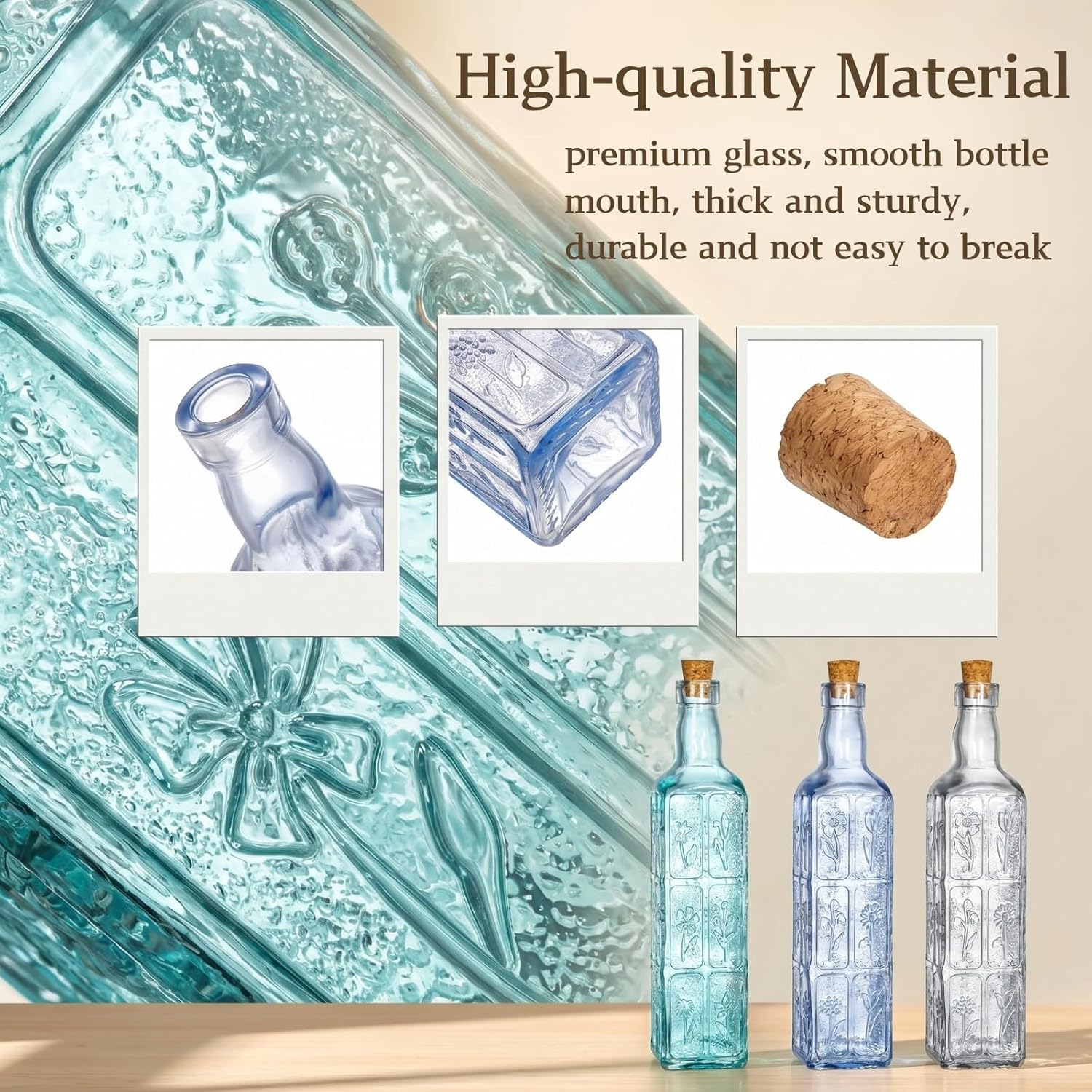 Noamus 3 Pack Vintage Vase with Corks, Embossed Colorful Glass Bottles, Decorative Colored Garden Glass Vase, Large Size Wine Bottle for Centerpiece Garden Decor, Bottle Tree, 18 OZ
