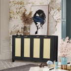 Rattan Sideboard Buffet Credenza Cabinet - Large Farmhouse Kitchen Coffee Bar Cabinet with 4 Rattan Door Storage for Entryway Living Room, 55" x 15" x 31.5" (Black)