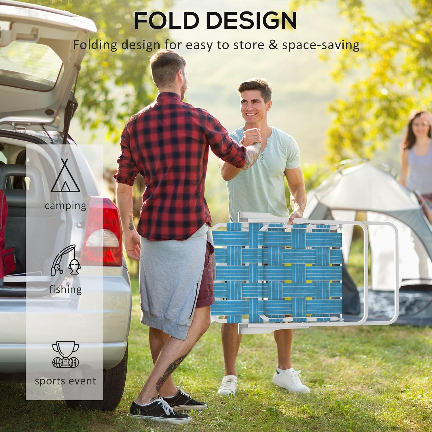 4-Pack Blue Folding Patio Chairs: Lightweight Steel FFor rame, PE Strap Seat, 264lb Capacity, Fold to 33" L x 2.75" H for Camping & Lawn