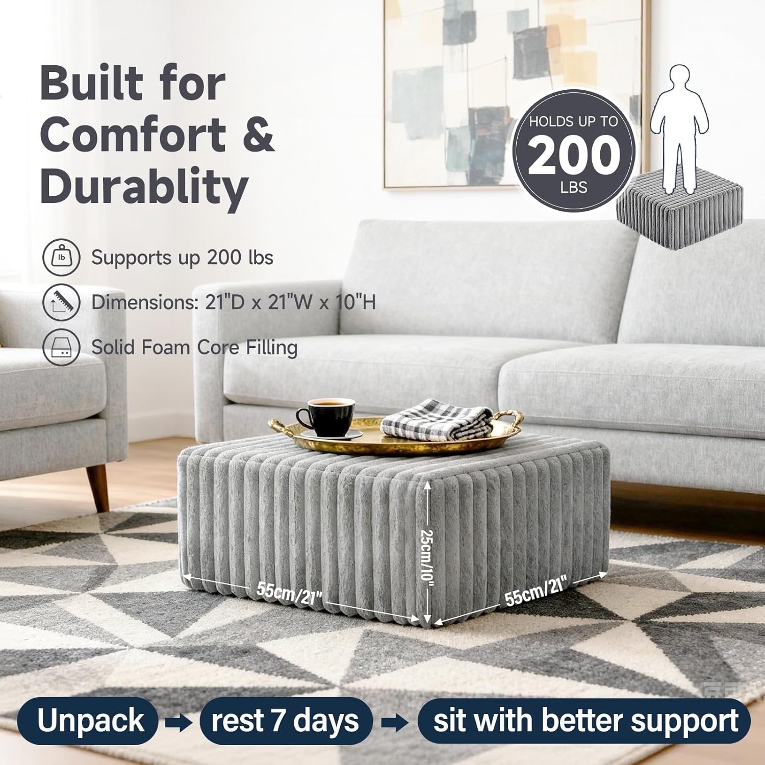 Tiita Suqre Stuffed Pouf Ottoman, Stripe Poufs 21×21×10 inch with Foam Chunk Filling, Floor Bean Bag Floor Chair Storage for Living Room Bedroom Home Decor, Grey