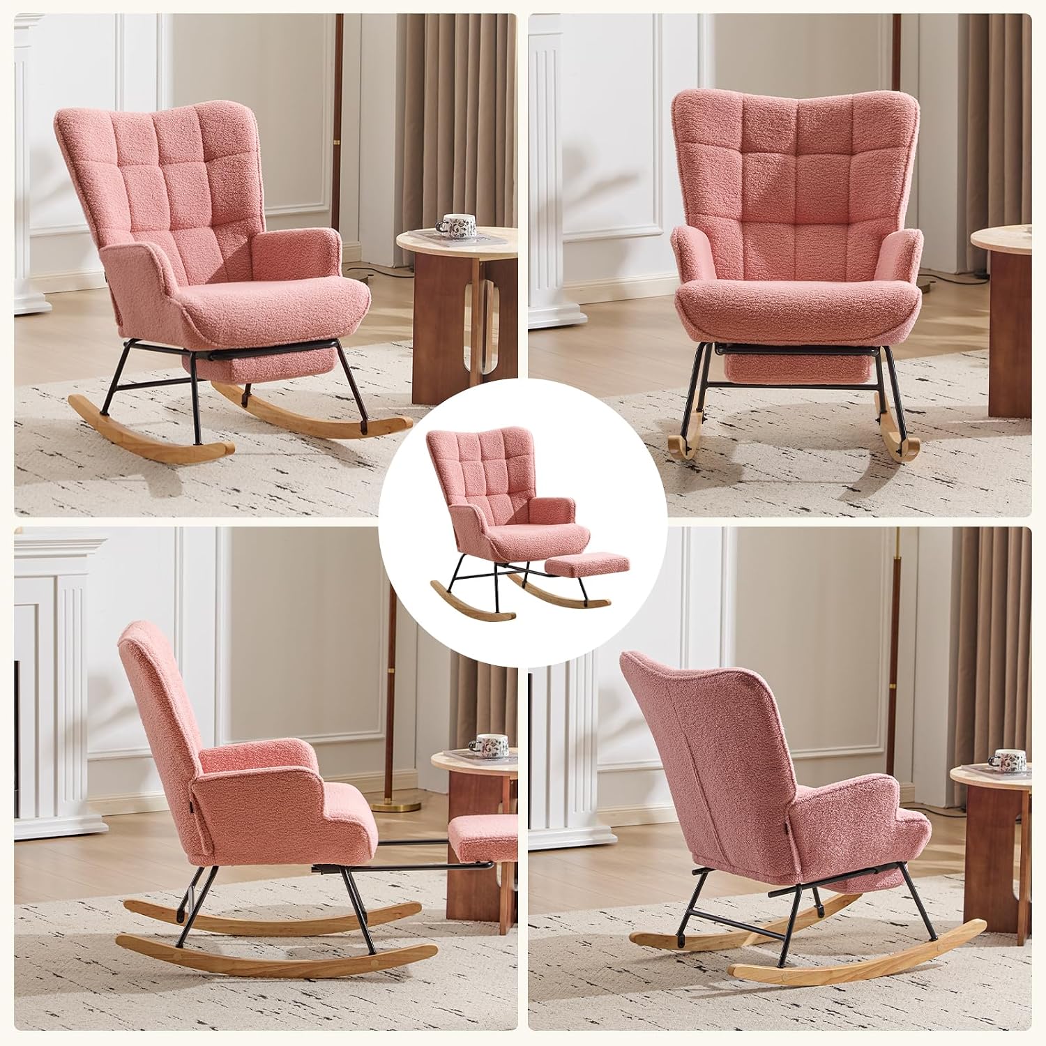 Furniliving Nursery Rocking Chair Armchair Upholstered Glider Rocking Chair Accent Chair with Retractable Footrest Reading Chair with High Backrest Solid Wood Base for Bedroom, Pink, Teddy, 2PCS