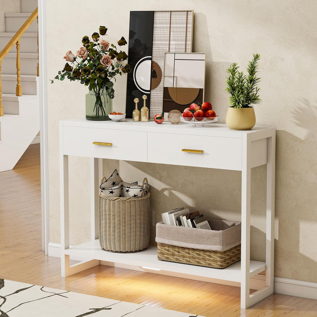 Entryway Table, Console Table with Motion Sensor Light, Sofa Table with 2 Drawers and Storage Shelf, Entryway Cabinet and Sideboard Cabinet for Hallway, Foyer, Living Room, White