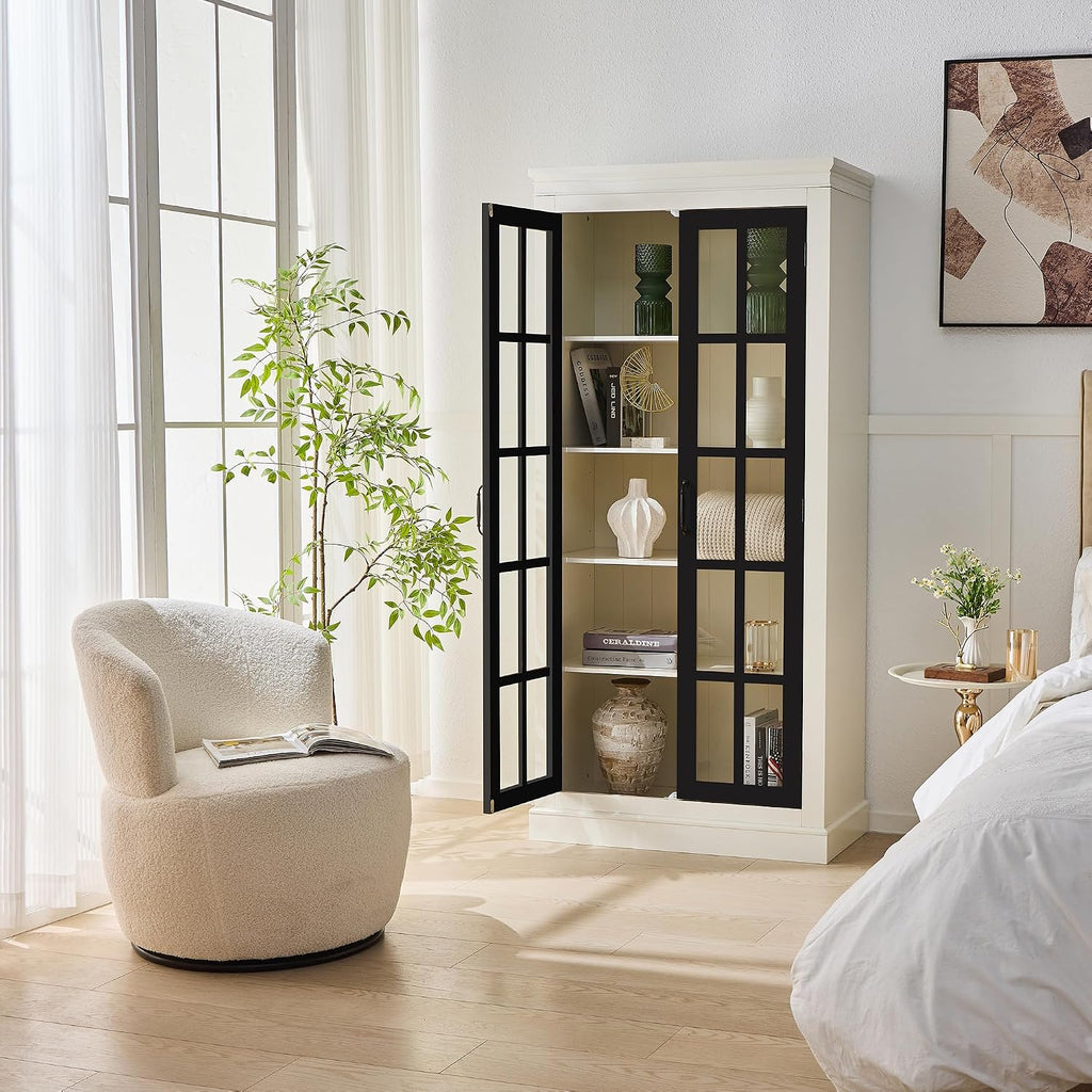 33" D*15.75" W*71.2" H Freestanding Kitchen Pantry with 4 Shelves, Black French Door, Rectangular Kitchen Pantry，for Living Room, Dining Room，White