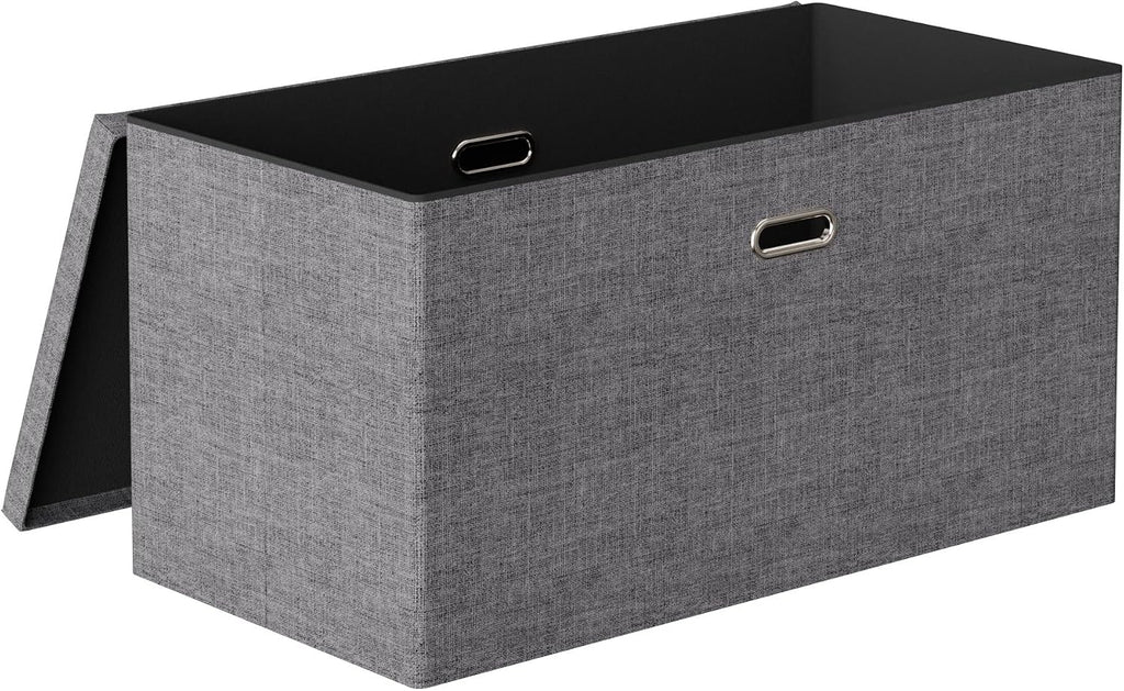 VECELO 30'' Folding Storage Ottoman Bench, End of Bed Linen Fabric Foot Rest Stool with Padded Seat, Large Footstools for Bedroom, Living Room, Load 500 lb, Grey