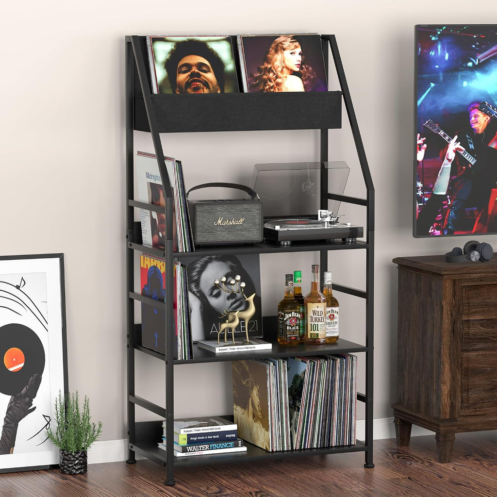 Record Player Stand Shelf for Vinyls Storage, 3 Tier Display Shelf Holds up to 400 Albums, Large Record Holder Console Table Cabinet for Living Room, Black