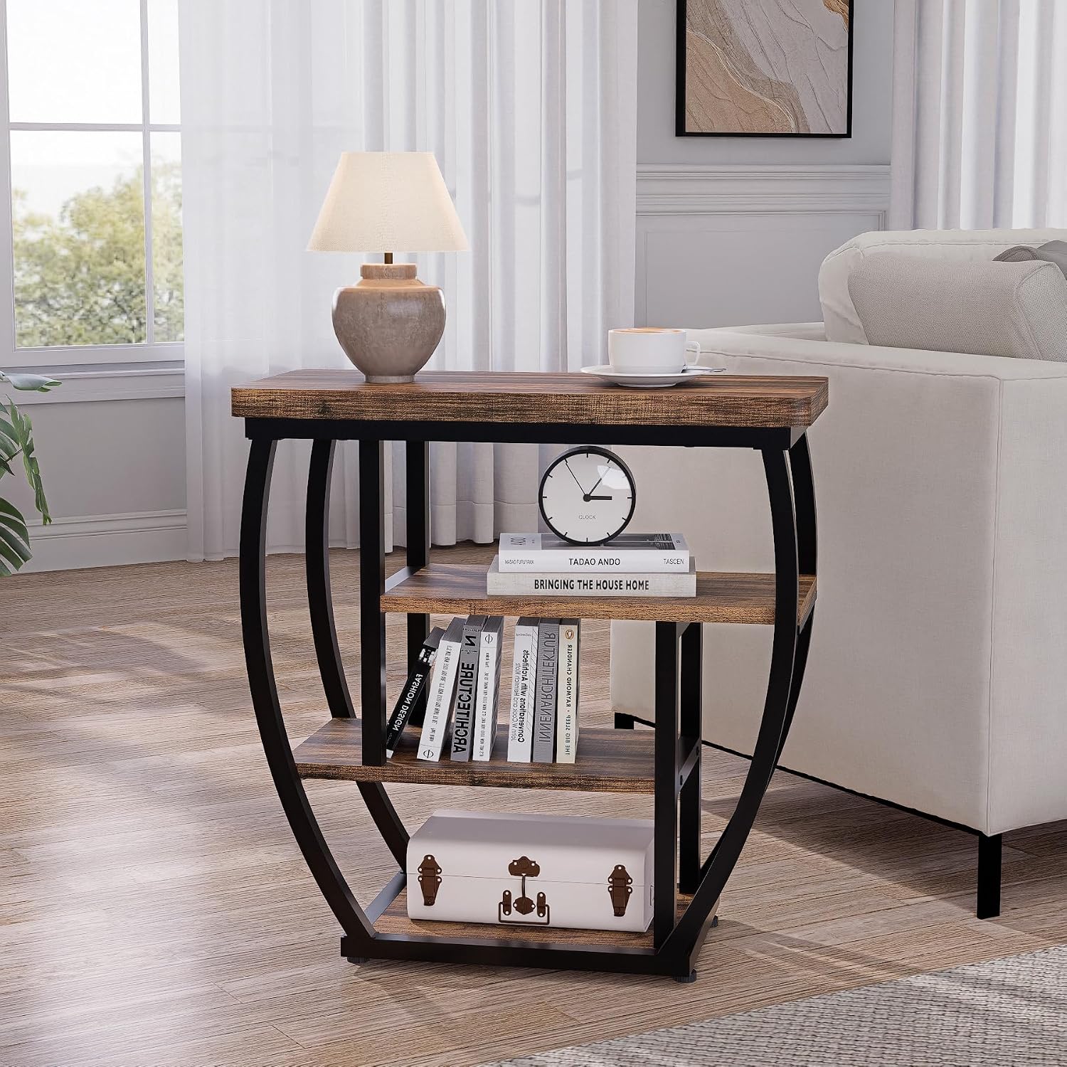 4-Tier End Table with Storage, Narrow Side Table for Living Room, Wood Sofa Side Table with Metal Frame, Industrial Bedside Table and Nightstand for Bedroom, Rustic Brown