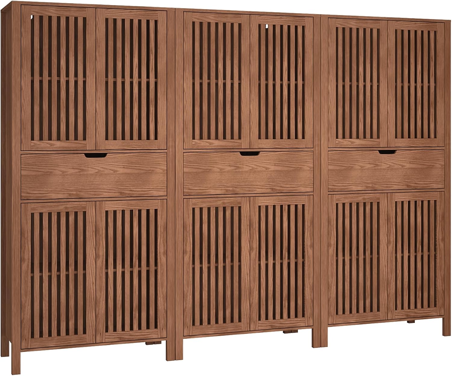 BVIUNTWO Set of 3 Farmhouse Tall Storage Cabinets, Wooden Kitchen Pantry Cupboards with Slatted Doors, Drawer & Adjustable Shelves for Kitchen, Dining & Living Room Storage, 68.8 Inch, Brown