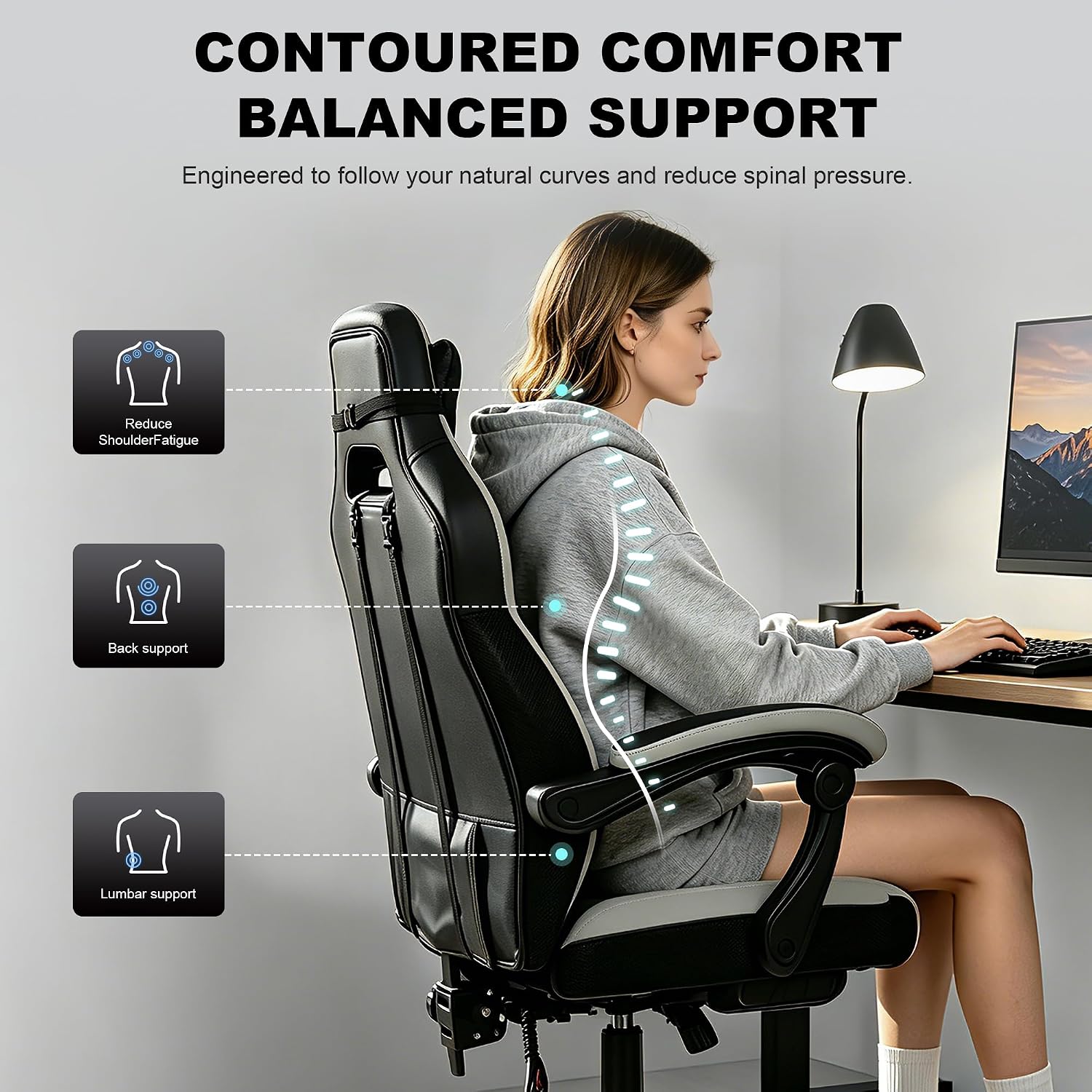 Big and Tall Gaming Chair,400lbs Heavy Duty Office Chair with Footrest, PU Leather High Back PC Desk Chair, Linkage Armrests & Reinforced Steel Frame,Grey