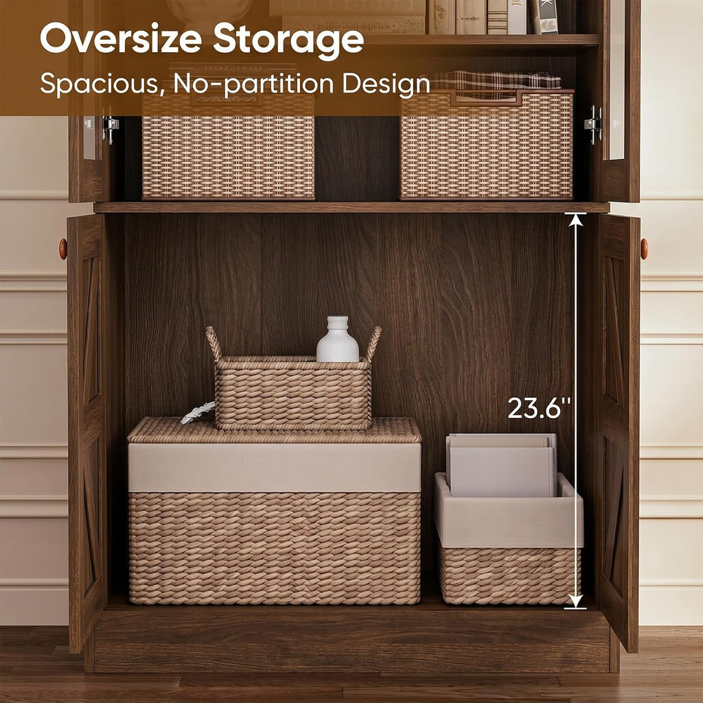 Vyre 71" Tall Farmhouse Kitchen Pantry, Set of 3 Large Storage Cabinets with Glass Doors, Hutch Cabinet with Drawers, Adjustable Shelves for Living Room, Dining Room, Dark Brown