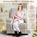 YuuYee Nursery Rocking Chairs Glider Recliner with Flexible Phone Holder, Oversized 360° Swivel Rocker Recliner, Comfortable Nursing Chair for Baby Breastfeeding, Manual Reclining, Velvet, Beige