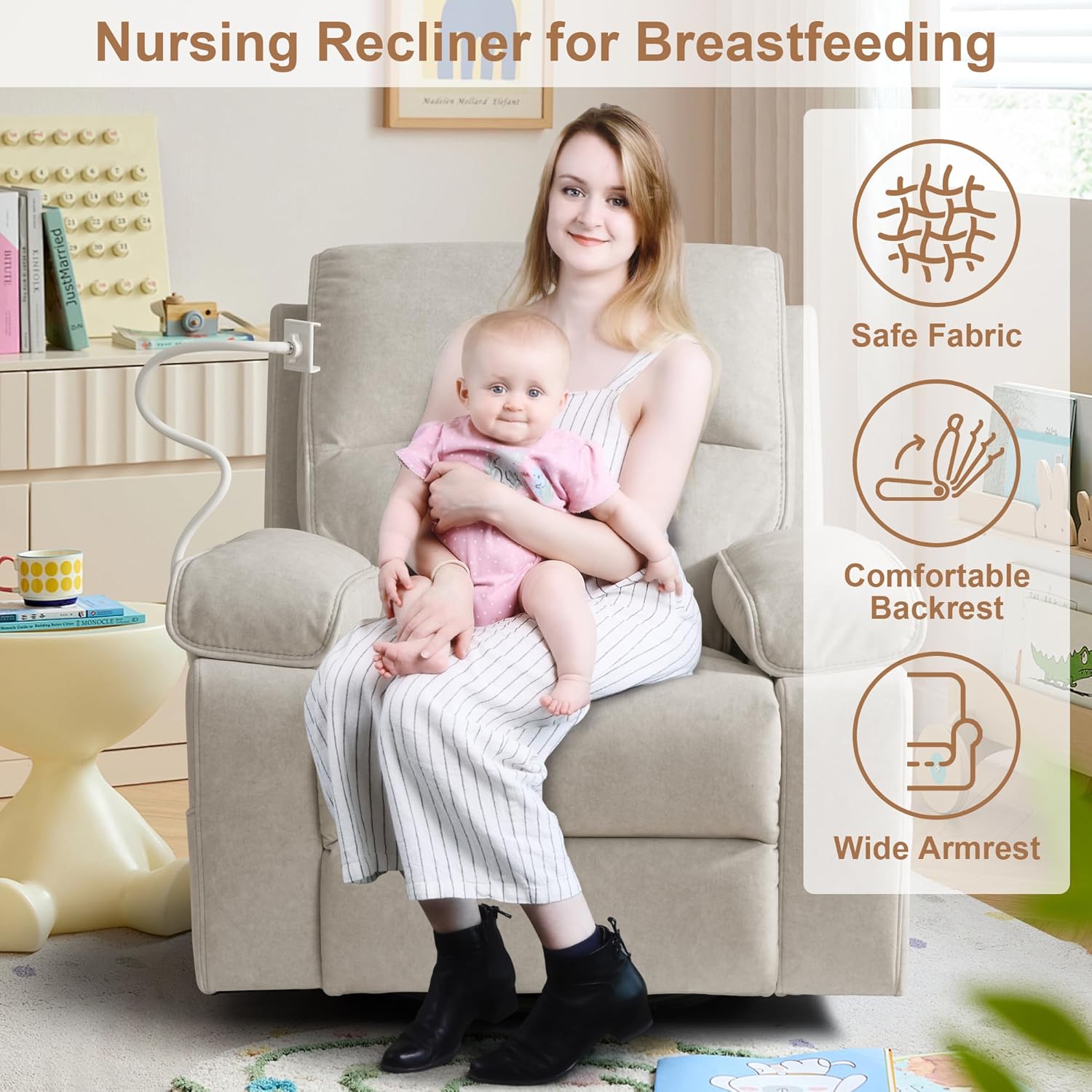 YuuYee Nursery Rocking Chairs Glider Recliner with Flexible Phone Holder, Oversized 360° Swivel Rocker Recliner, Comfortable Nursing Chair for Baby Breastfeeding, Manual Reclining, Velvet, Beige