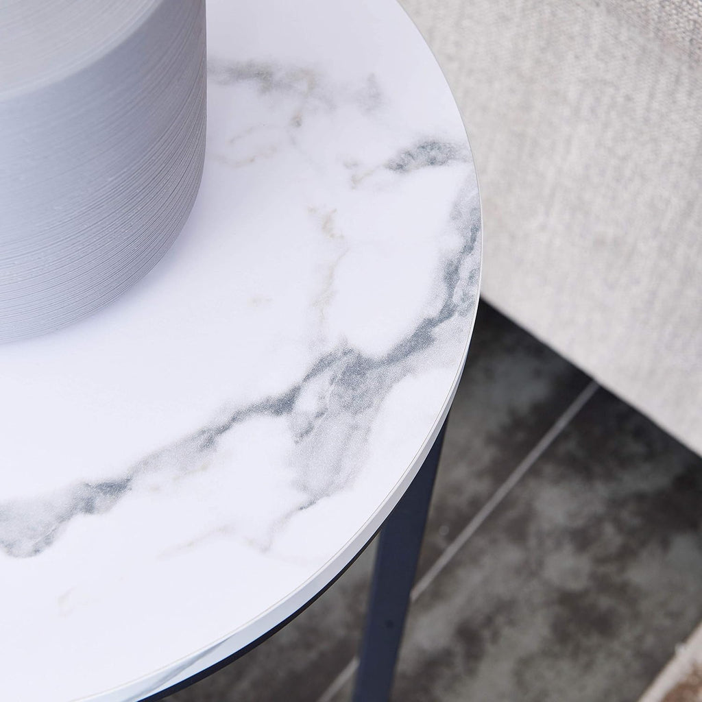 Modern Side Table with Faux Marble MDF Top, Black Metal X-Base, Compact End Table for Small Spaces Living Room Bedroom, Stable and Easy to Assemble
