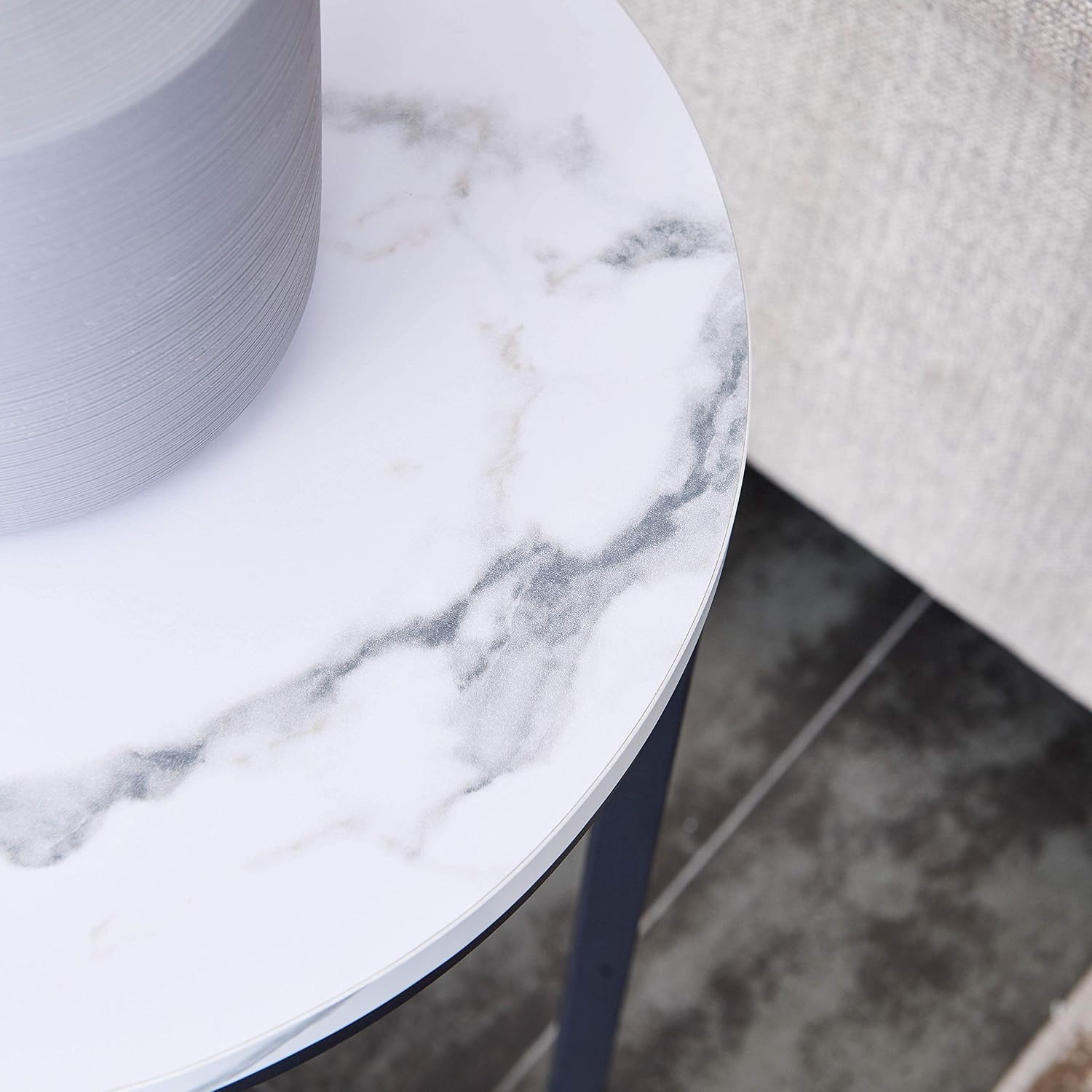 Modern Side Table with Faux Marble MDF Top, Black Metal X-Base, Compact End Table for Small Spaces Living Room Bedroom, Stable and Easy to Assemble