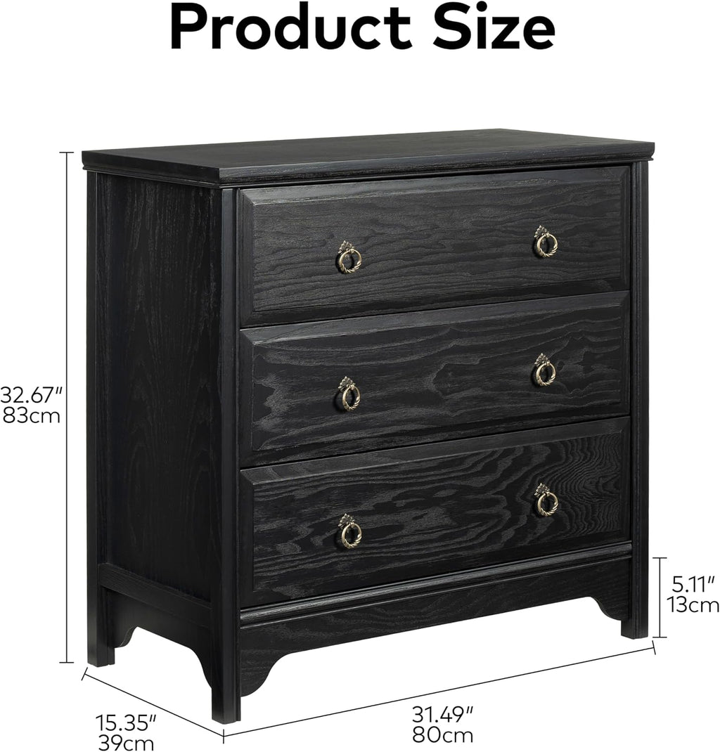 Chogori Farmhouse Solid Wood Nightstand, Rustic End Table with 3 Drawers & Vintage Ring Pulls, Sturdy Accent Side Table for Bedroom, Living Room, Hallway (Black-3 Drawers)