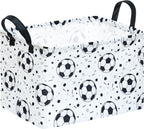 Kids Storage Basket with Soccer Print, 14.5" x 10.2" x 9.1", Waterproof with Leather Handles, Collapsible Rectangular Bin for Boys Sports Gear, Toys & Laundry