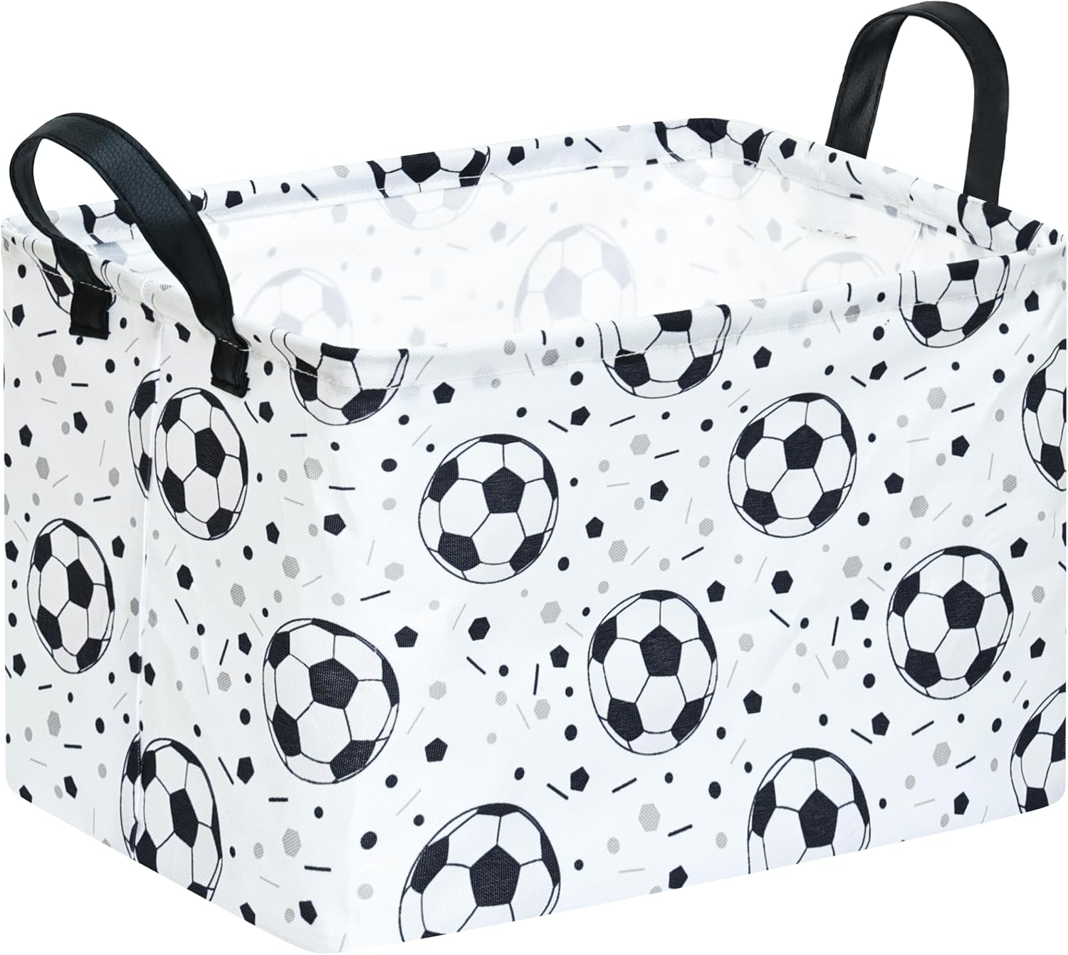 Kids Storage Basket with Soccer Print, 14.5" x 10.2" x 9.1", Waterproof with Leather Handles, Collapsible Rectangular Bin for Boys Sports Gear, Toys & Laundry