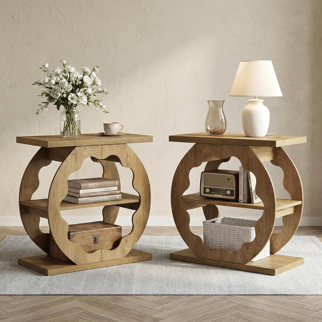 Tribesigns End Table Set of 2, Narrow Side Table with Storage, 3-Tier Couch End Table Bedside Tables for Small Spaces, Bedroom, Natural Oak
