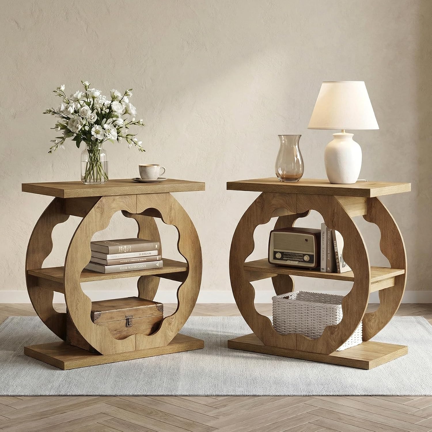 Tribesigns End Table Set of 2, Narrow Side Table with Storage, 3-Tier Couch End Table Bedside Tables for Small Spaces, Bedroom, Natural Oak