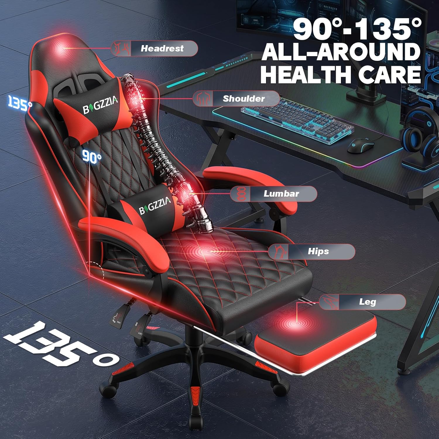 Bigzzia Gaming Chair with Footrest, Ergonomic Computer Chair with Breathable Cushion, Adjustable Headrest, Lumbar Support, 90°-135° Recline Gaming Chairs for Adults, Black Red