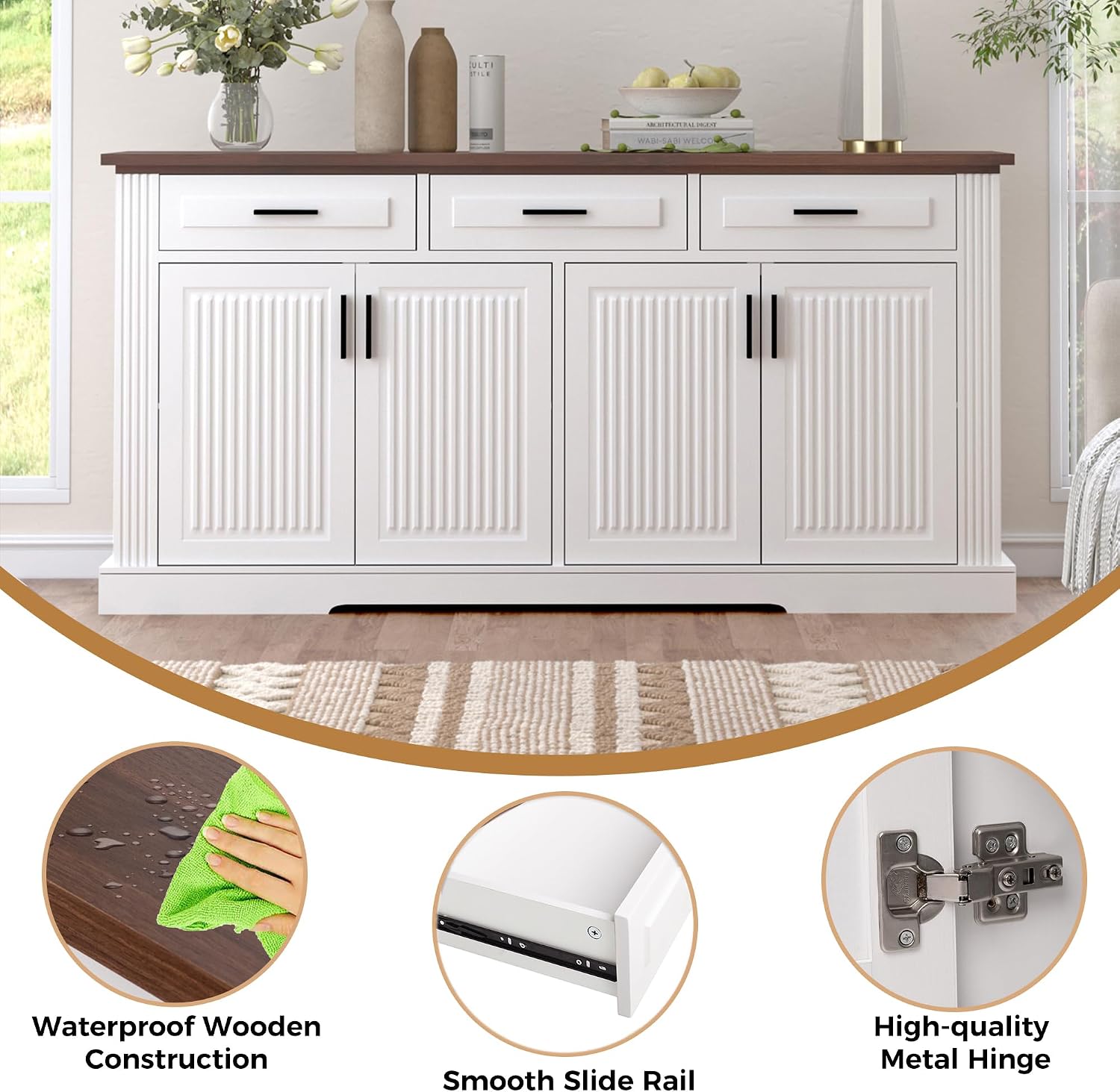 63" Fluted Sideboard Buffet with 4 Doors & 3 Drawers, Large Modern Farmhouse Accent Credenza with Adjustable Shelves for Kitchen, Dining Room, Living Room (White)