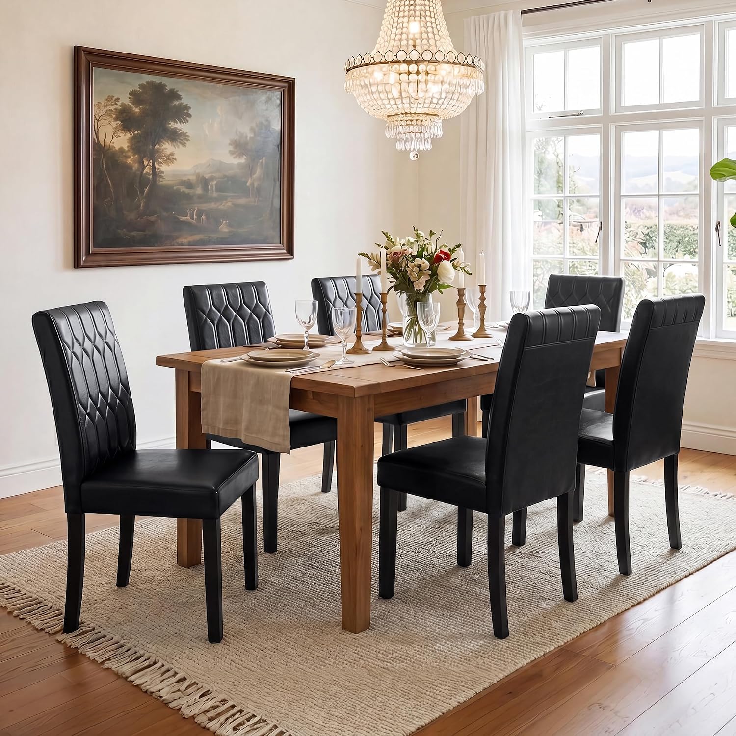 LSSPAID Dining Chairs Set of 6, Upholstered Leather Parsons Dining Room Chairs with Unique Tufted Back & Solid Wood Legs, Modern Armless Side Chairs for Kitchen Restaurant Home, Black