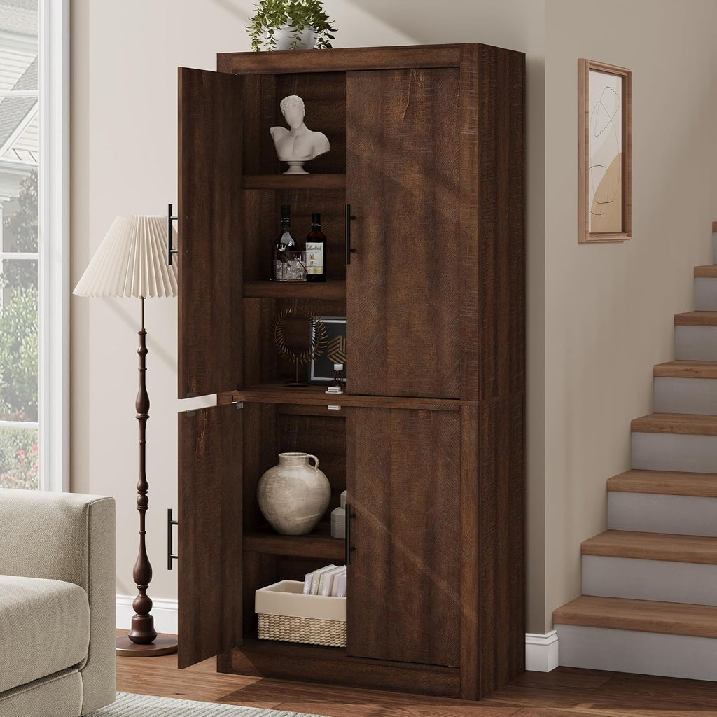 Takywep 70.45” Tall Farmhouse Kitchen Pantry Cabinet, Wood Storage Cabinet with 4 Doors & Adjustable Shelves, Anti-Tip Design, Sturdy Bookcase for Kitchen/Dining/Office, Walnut