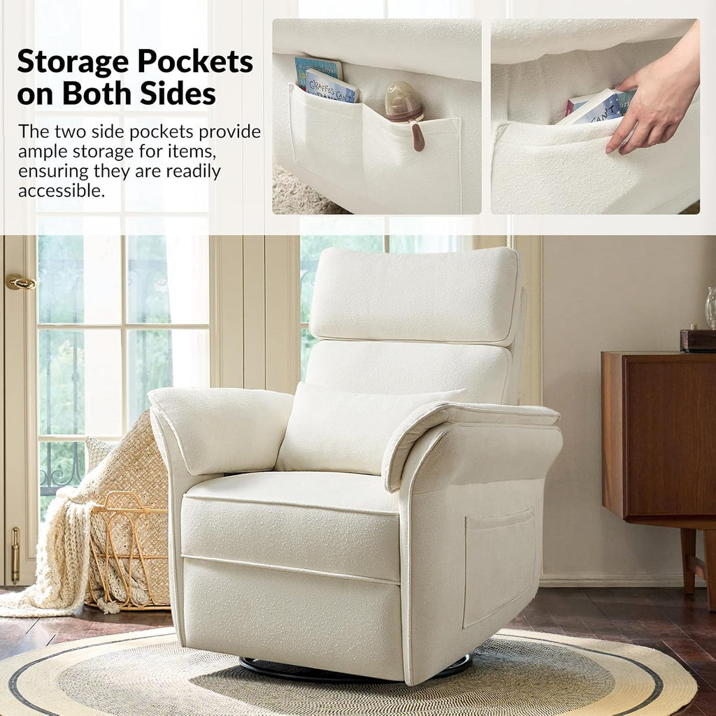 Modern Power Swivel Rocker Recliner Chair with USB Port and Storage Bags, Nursery Glider Recliner with Adjustable Headrest and Armrests, , GREENGARD, FSC, CertiPUR-US® Certified, White