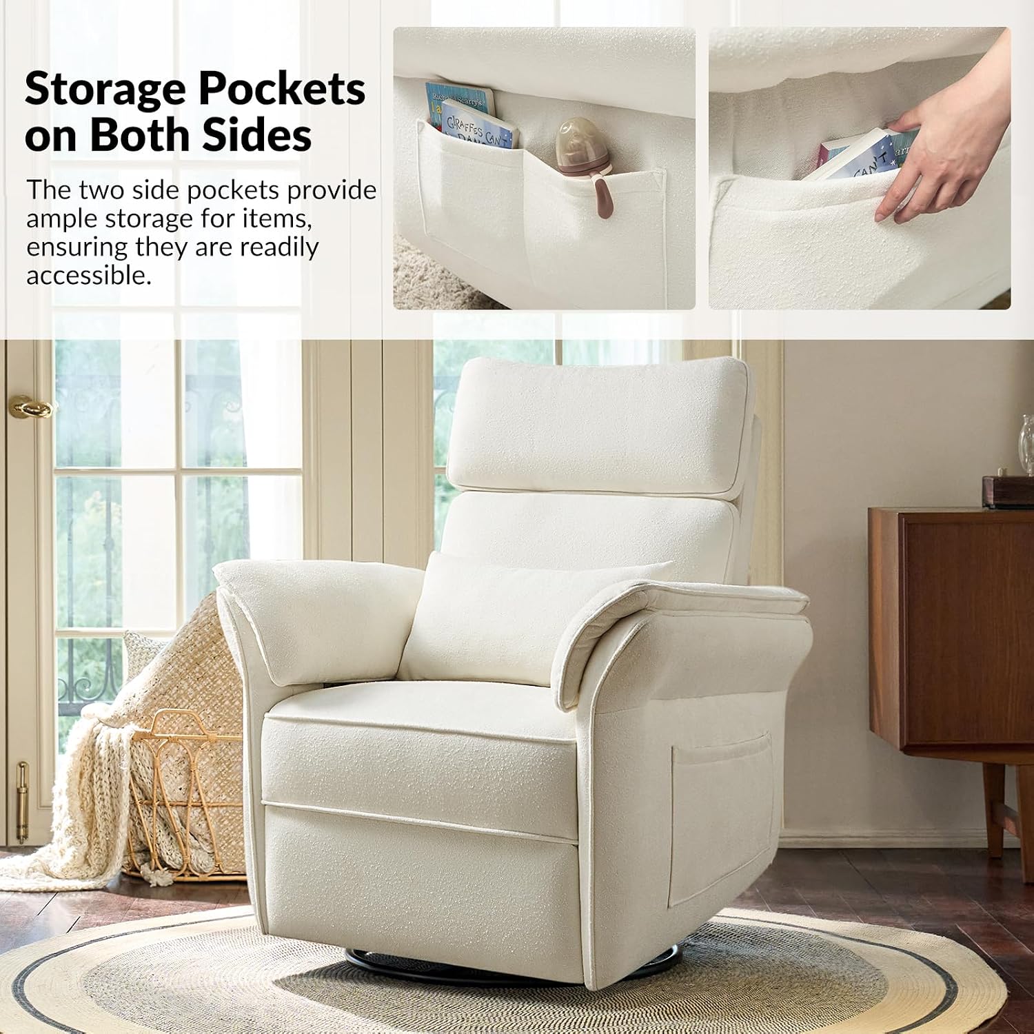 Modern Power Swivel Rocker Recliner Chair with USB Port and Storage Bags, Nursery Glider Recliner with Adjustable Headrest and Armrests, , GREENGARD, FSC, CertiPUR-US® Certified, White
