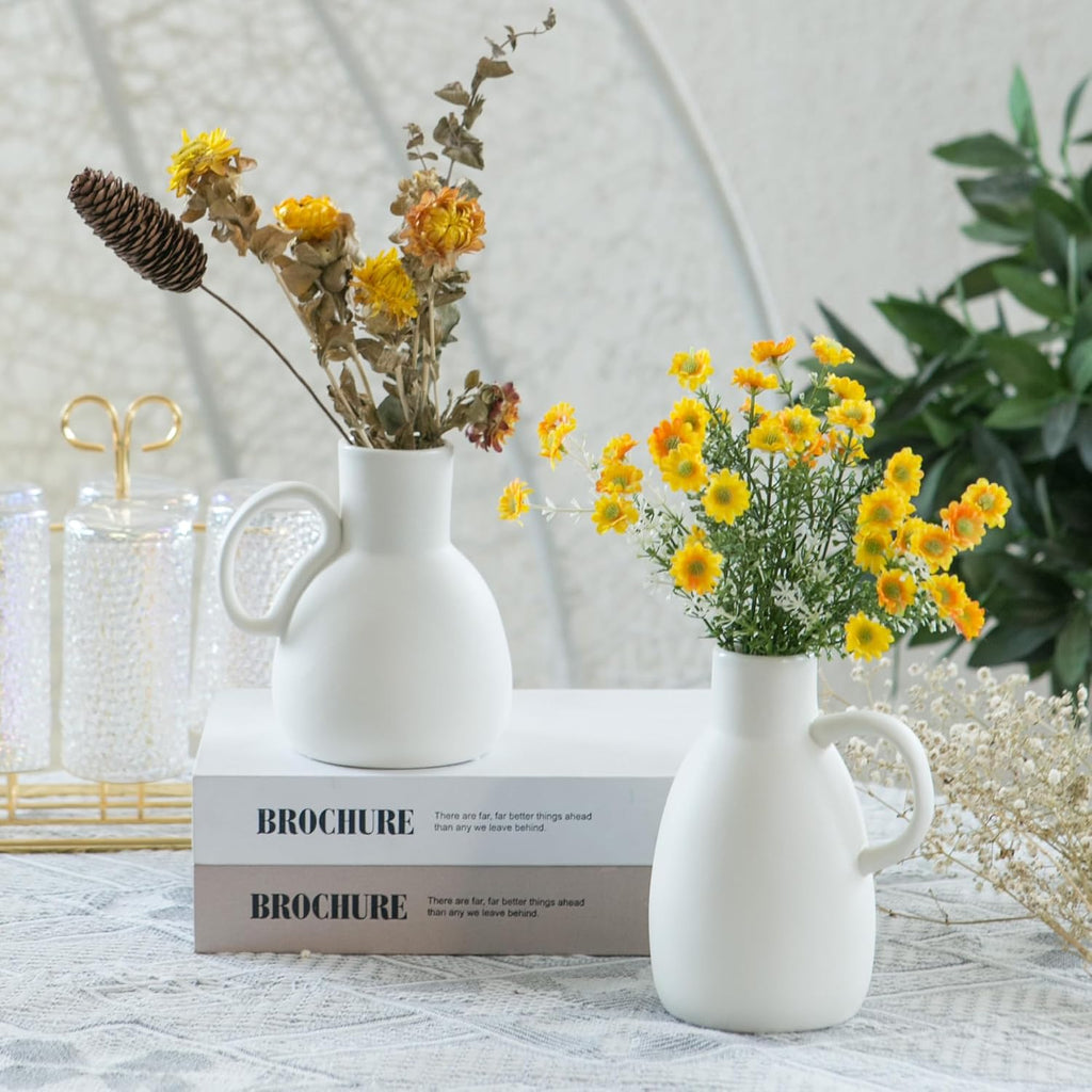 Tanvecle White Ceramic Vase Set - 2 Small Vases with Handle, Pottery Vases for Modern Home Decor, Minimalist Matte Pitcher for Fowers, Decorative Clay Vase Centerpiece Dining Table Decorations