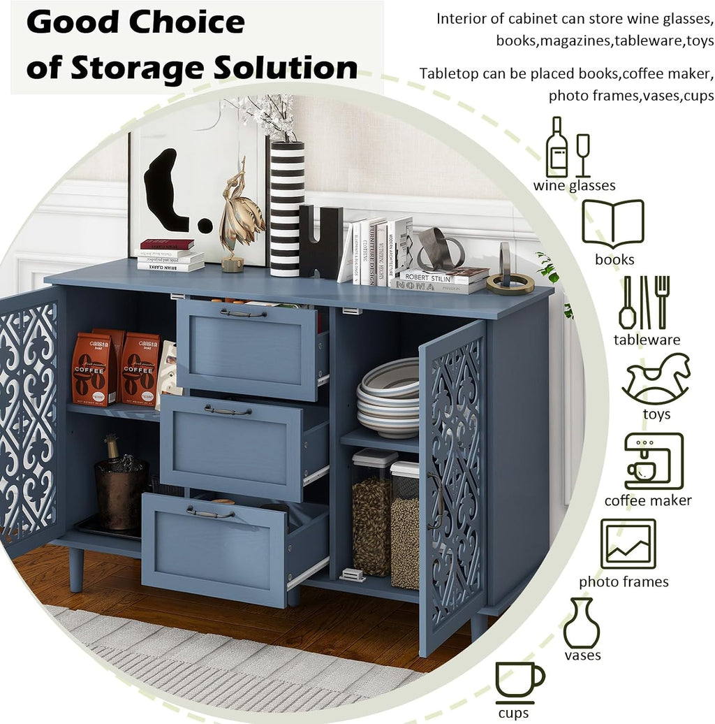 Sideboard Buffet Cabinet, American Farmhouse Blue 2 Door 3 Drawer Storage Credenza, Hollow Carved, Living Room Entryway Kitchen Dining Room Console Table, Home Furniture Decor