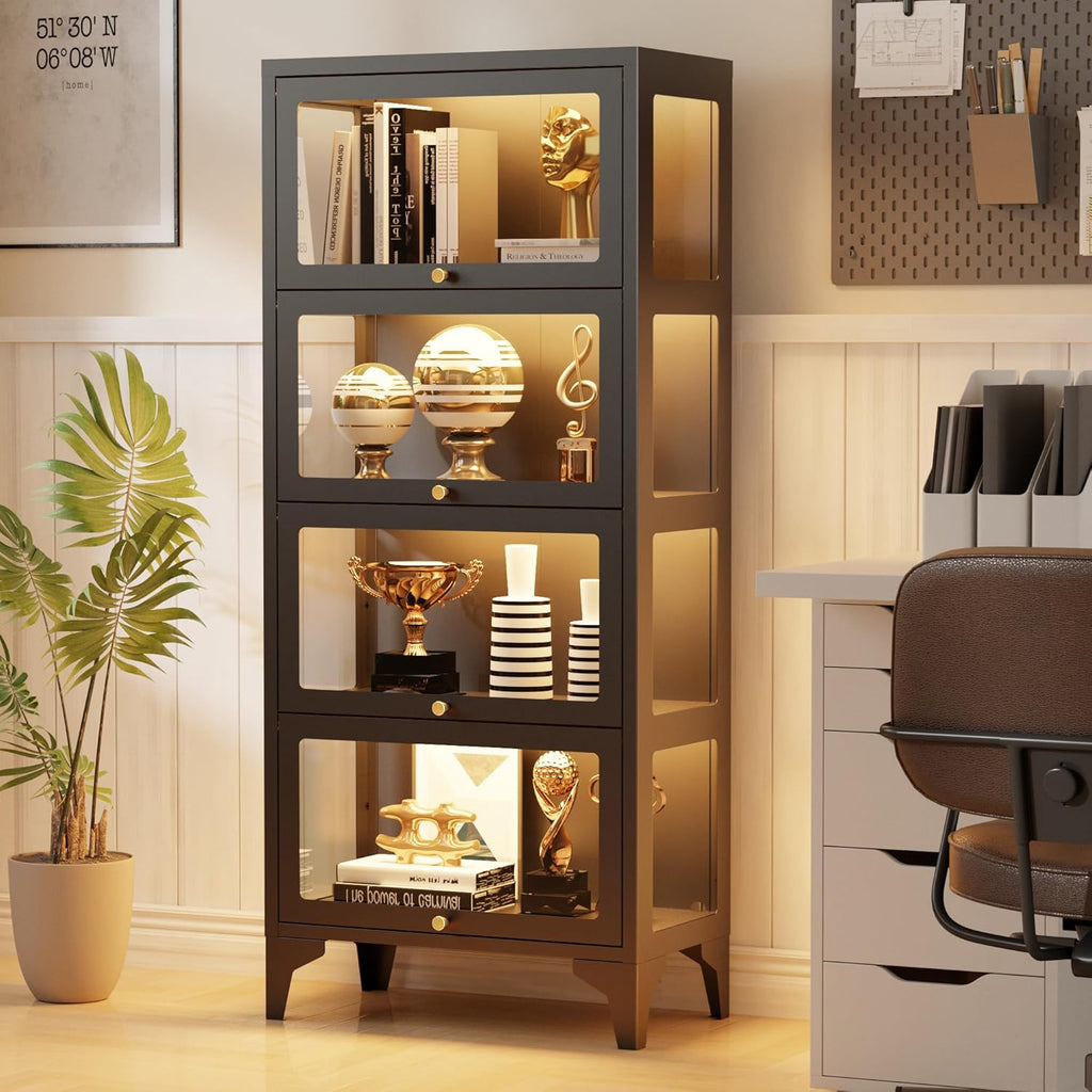 4 Tier Glass Display Cabinet with Flip-Up Doors, 55" Curio Cabinet with 13-Color LED Lights, 3-Side Tempered Glass Metal Display Cabinet for Books, Figures, Collectibles, Black
